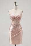 Sparkly Champagne Tight Short Corset Beaded Ruched Homecoming Dress