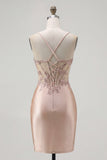 Sparkly Champagne Tight Short Corset Beaded Ruched Homecoming Dress