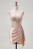 Floral Sparkly Champagne Tight Short Corset Beaded Homecoming Dress with Side Cape