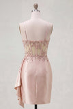 Floral Sparkly Champagne Tight Short Corset Beaded Homecoming Dress with Side Cape