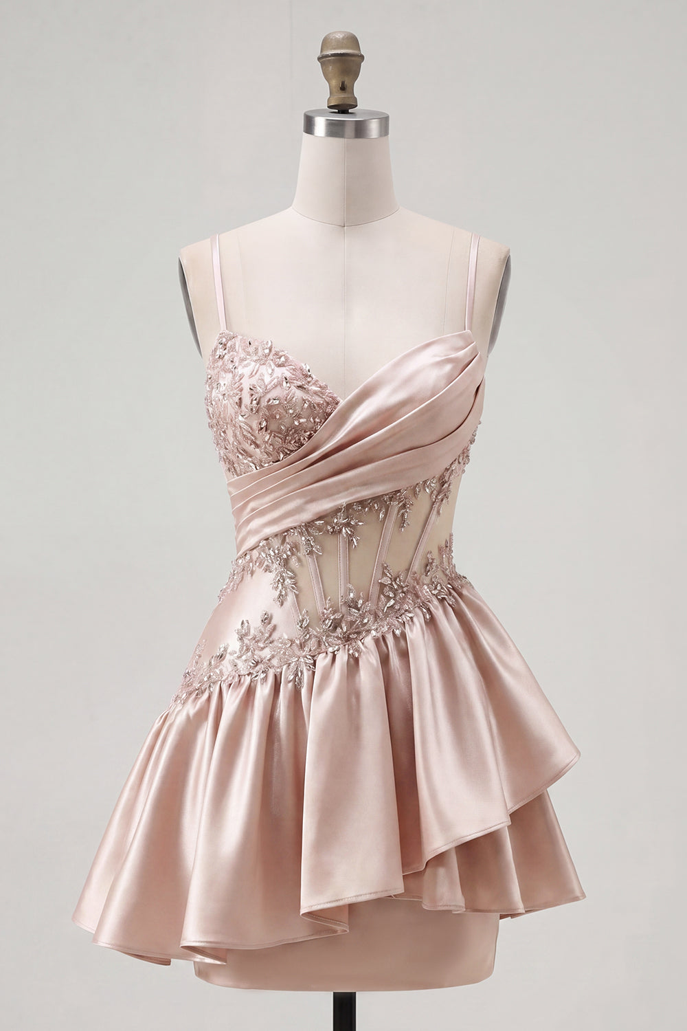 Sparkly Champagne A Line Short Corset Beaded Homecoming Dress with Ruffles
