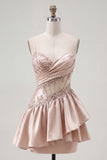 Sparkly Champagne A Line Short Corset Beaded Homecoming Dress with Ruffles