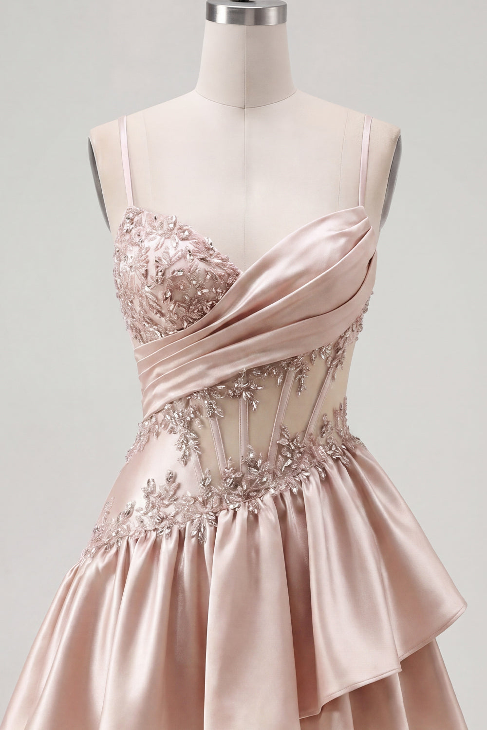 Sparkly Champagne A Line Short Corset Beaded Homecoming Dress with Ruffles