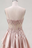 Sparkly Champagne A Line Short Corset Beaded Homecoming Dress with Ruffles