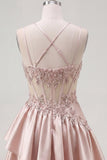 Sparkly Champagne A Line Short Corset Beaded Homecoming Dress with Ruffles