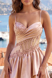 Sparkly Champagne A Line Short Corset Beaded Homecoming Dress with Ruffles