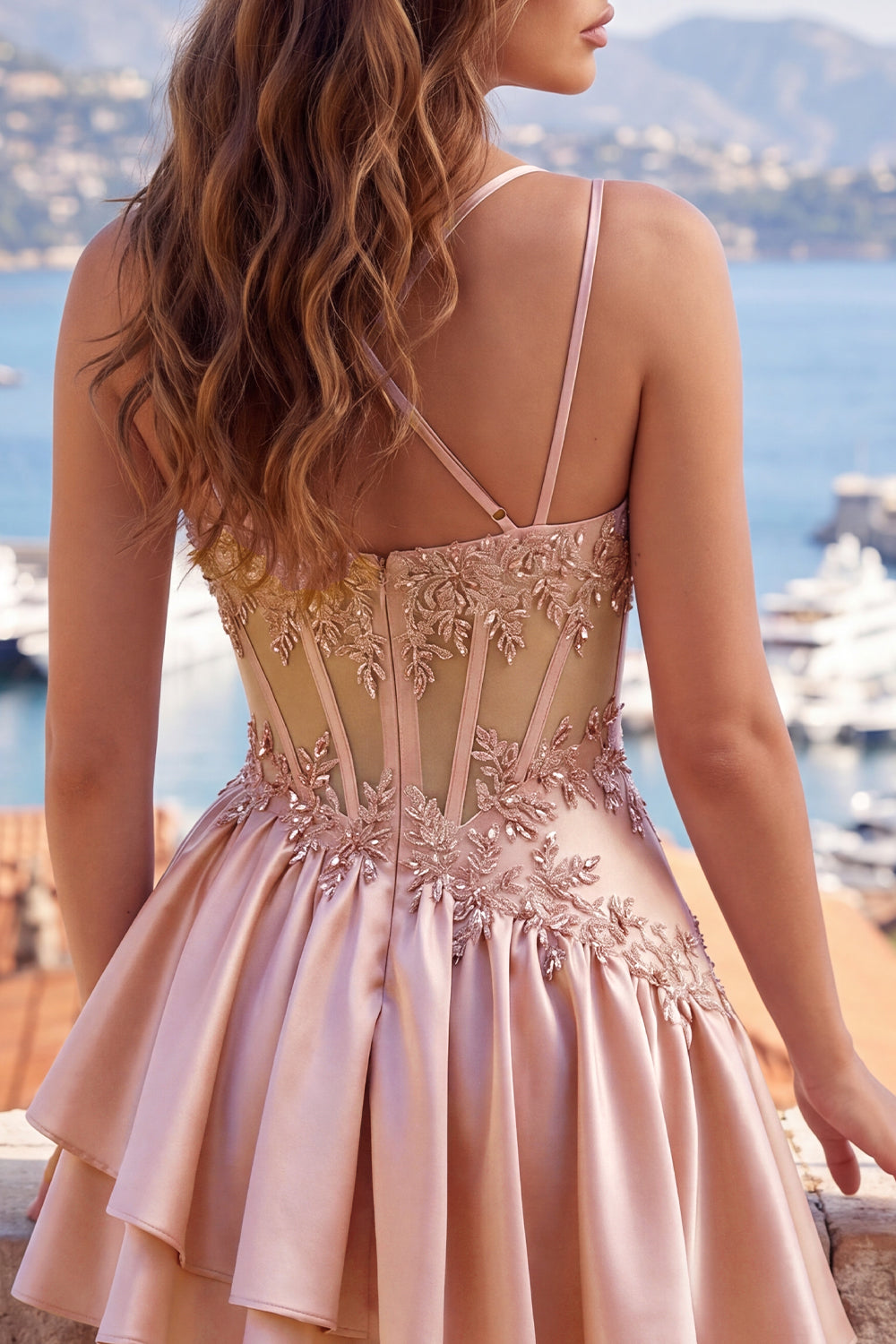 Sparkly Champagne A Line Short Corset Beaded Homecoming Dress with Ruffles