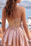 Sparkly Champagne A Line Short Corset Beaded Homecoming Dress with Ruffles