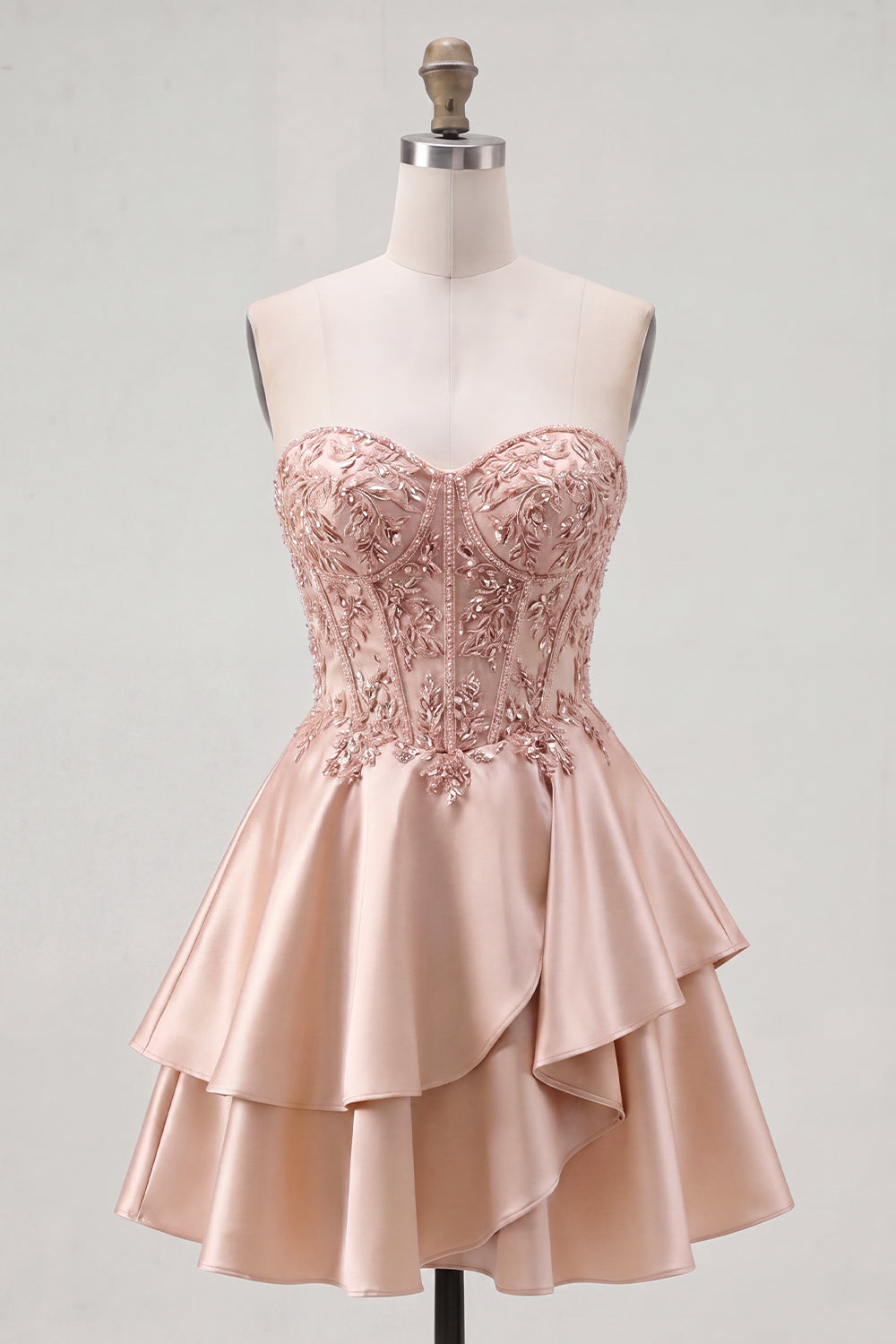 A Line Short Corset Sparkly Champagne Beaded Homecoming Dress with Ruffles