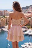 A Line Short Corset Sparkly Champagne Beaded Homecoming Dress with Ruffles