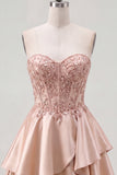 A Line Short Corset Sparkly Champagne Beaded Homecoming Dress with Ruffles