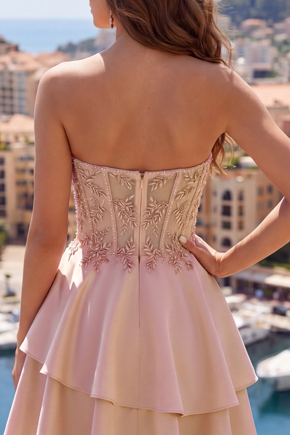 A Line Short Corset Sparkly Champagne Beaded Homecoming Dress with Ruffles
