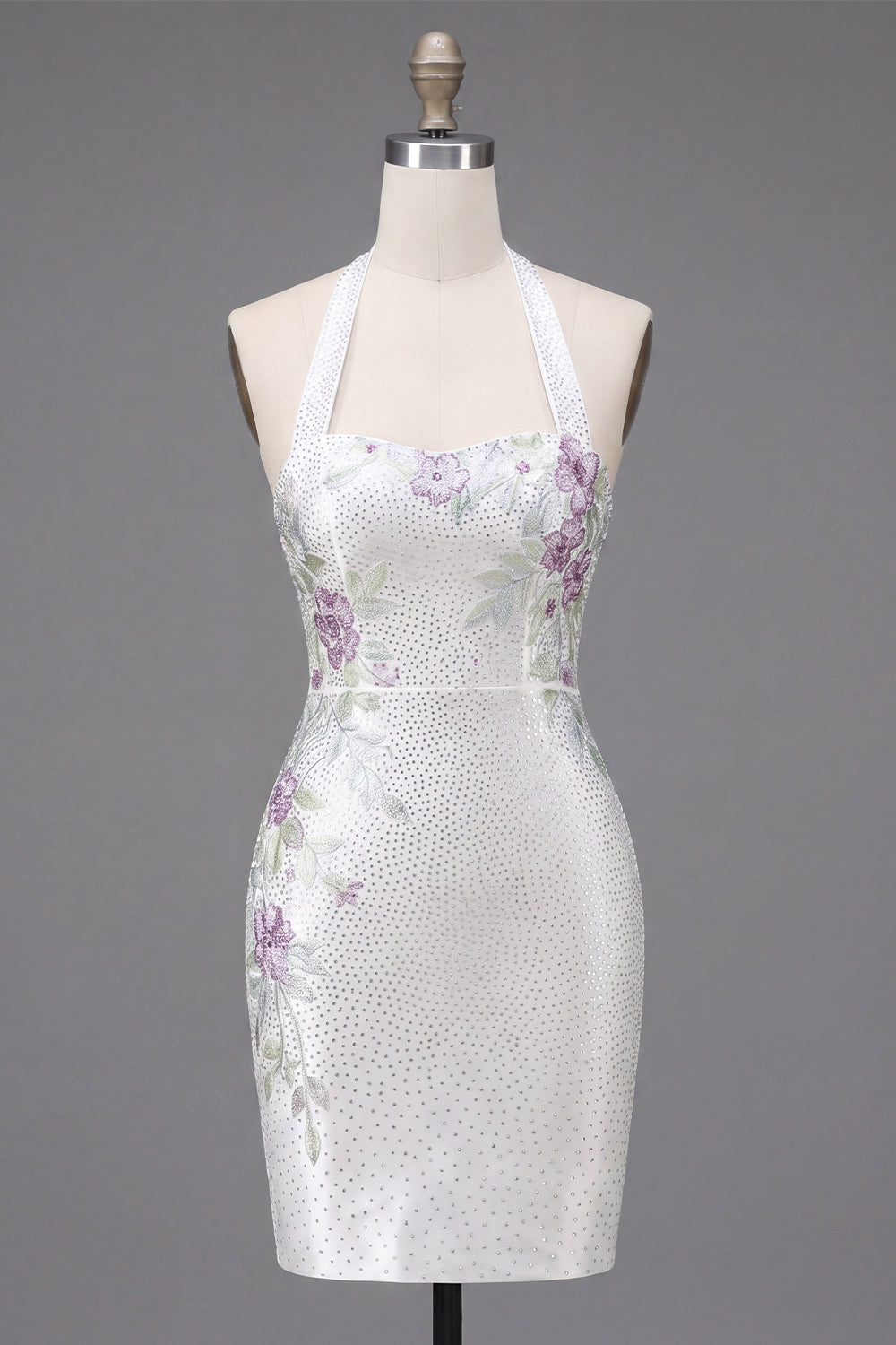 Sparkly White Beaded Tight Short Halter Floral Homecoming Dress