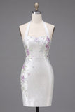 Sparkly White Beaded Tight Short Halter Floral Homecoming Dress