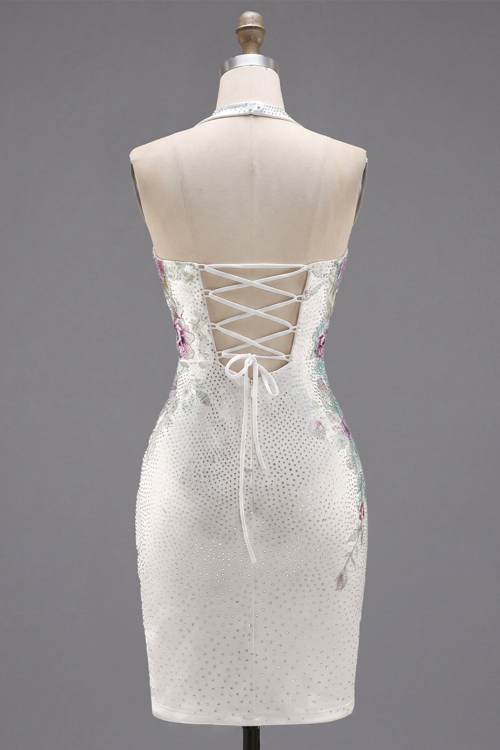 Sparkly White Beaded Tight Short Halter Floral Homecoming Dress