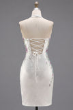 Sparkly White Beaded Tight Short Halter Floral Homecoming Dress