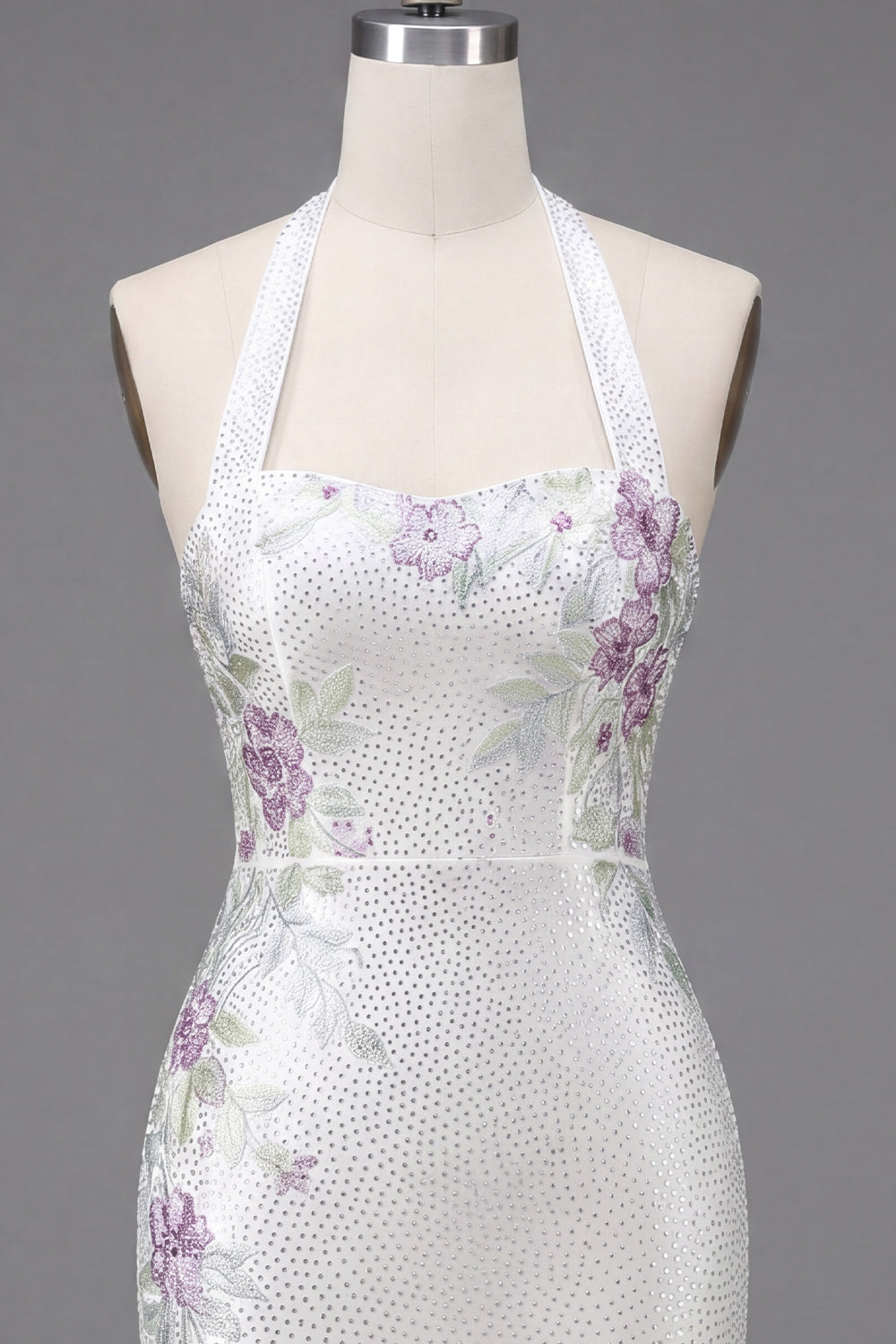Sparkly White Beaded Tight Short Halter Floral Homecoming Dress