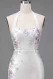 Sparkly White Beaded Tight Short Halter Floral Homecoming Dress