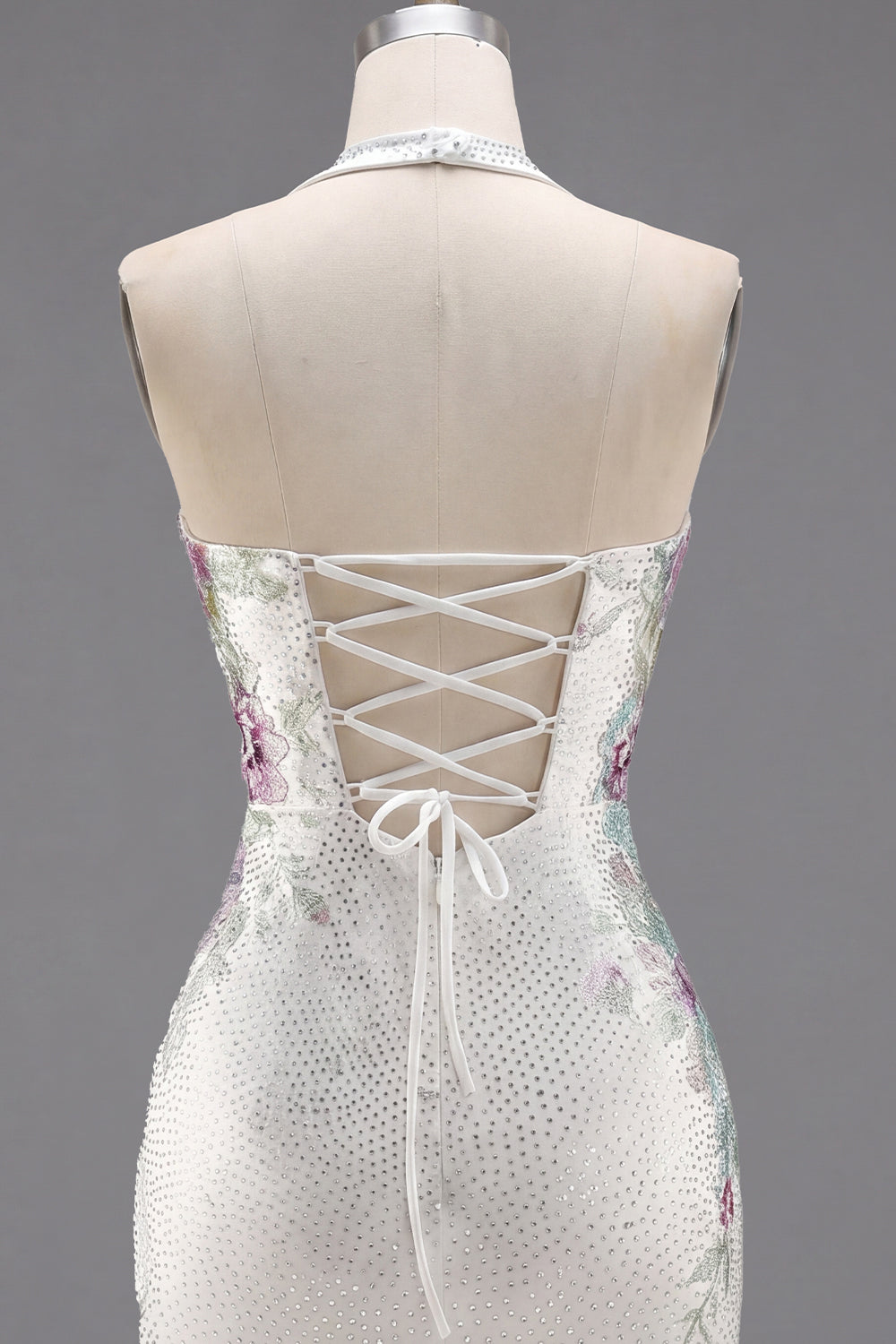 Sparkly White Beaded Tight Short Halter Floral Homecoming Dress