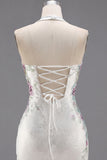 Sparkly White Beaded Tight Short Halter Floral Homecoming Dress