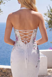 Sparkly White Beaded Tight Short Halter Floral Homecoming Dress