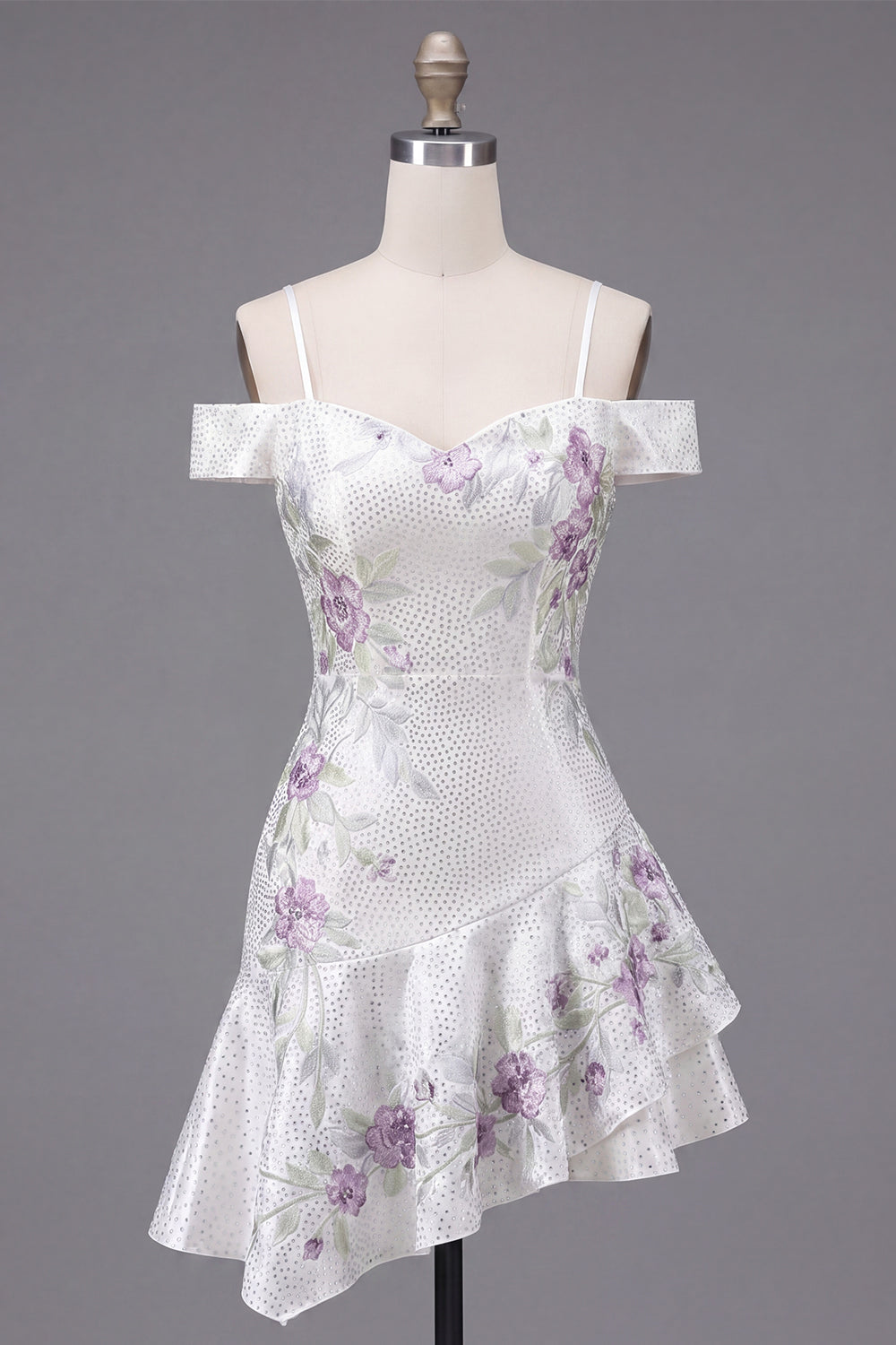 A Line Sparkly Cold Shoulder White Beaded Short Floral Homecoming Dress