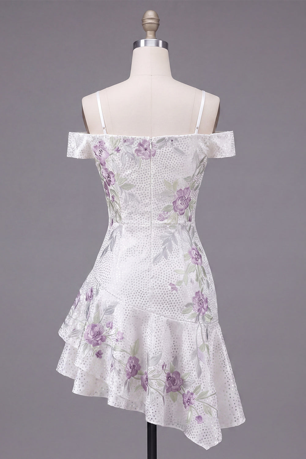 A Line Sparkly Cold Shoulder White Beaded Short Floral Homecoming Dress