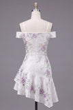 A Line Sparkly Cold Shoulder White Beaded Short Floral Homecoming Dress