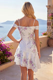 A Line Sparkly Cold Shoulder White Beaded Short Floral Homecoming Dress