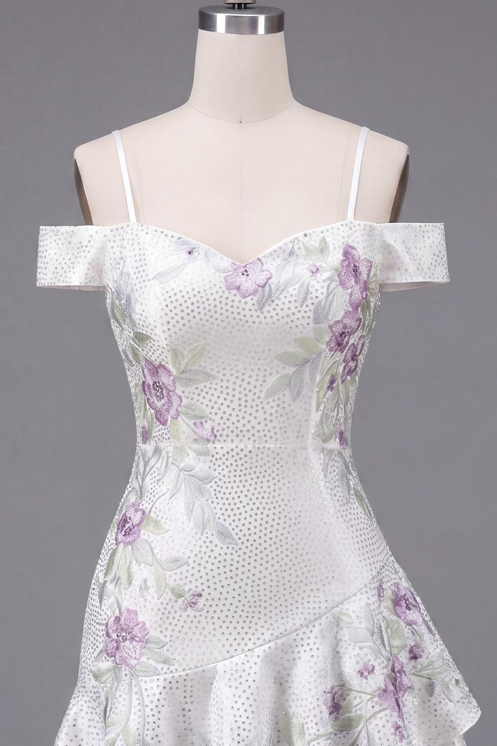 A Line Sparkly Cold Shoulder White Beaded Short Floral Homecoming Dress