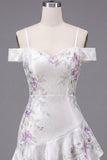 A Line Sparkly Cold Shoulder White Beaded Short Floral Homecoming Dress