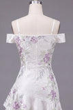 A Line Sparkly Cold Shoulder White Beaded Short Floral Homecoming Dress