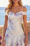 A Line Sparkly Cold Shoulder White Beaded Short Floral Homecoming Dress
