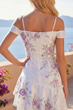 A Line Sparkly Cold Shoulder White Beaded Short Floral Homecoming Dress