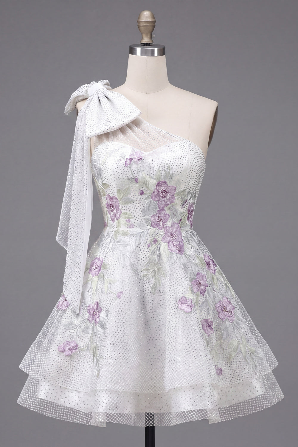 A Line Sparkly White Beaded Short Floral Homecoming Dress with Bow