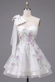 A Line Sparkly White Beaded Short Floral Homecoming Dress with Bow
