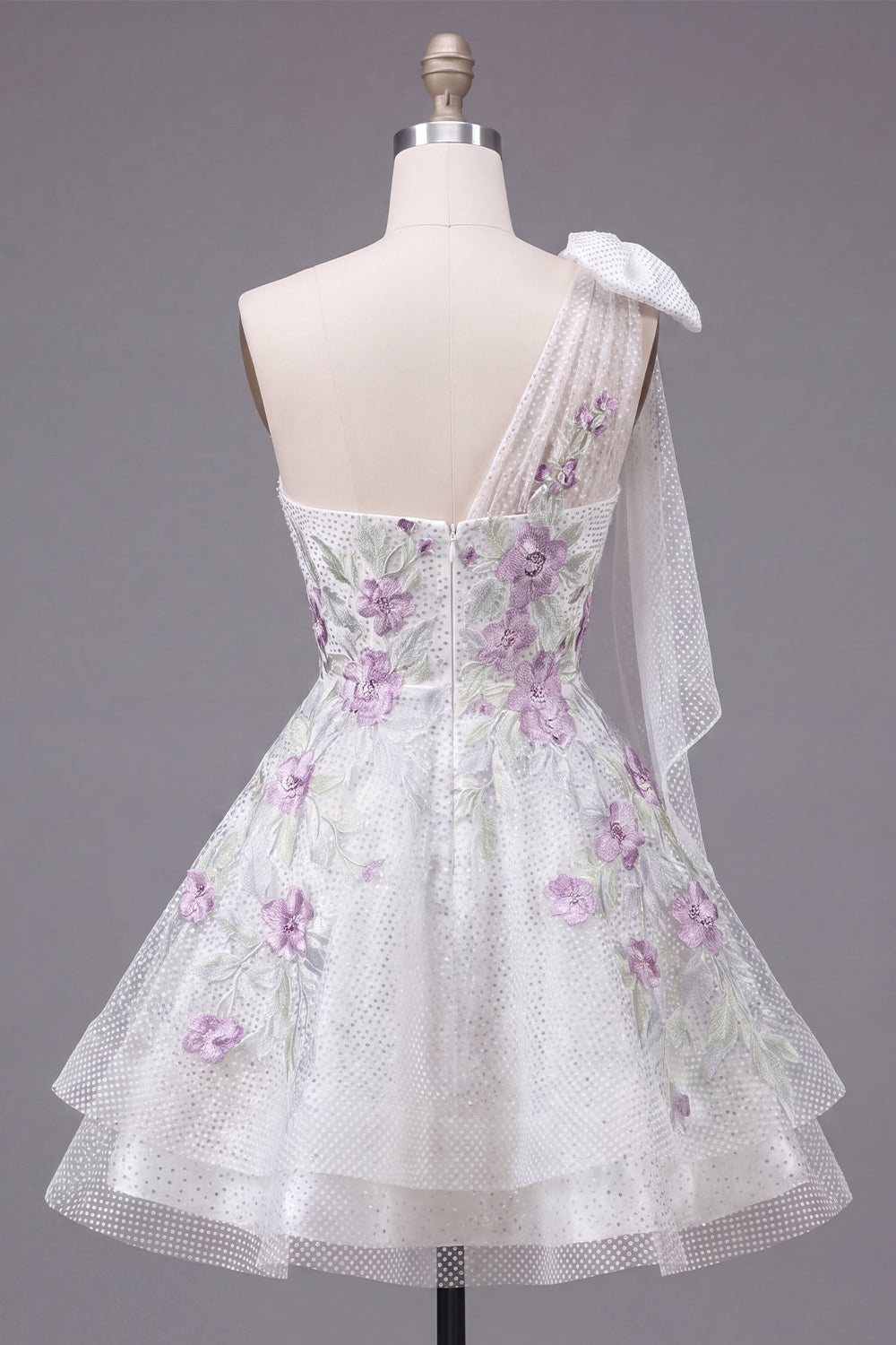 A Line Sparkly White Beaded Short Floral Homecoming Dress with Bow