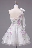 A Line Sparkly White Beaded Short Floral Homecoming Dress with Bow