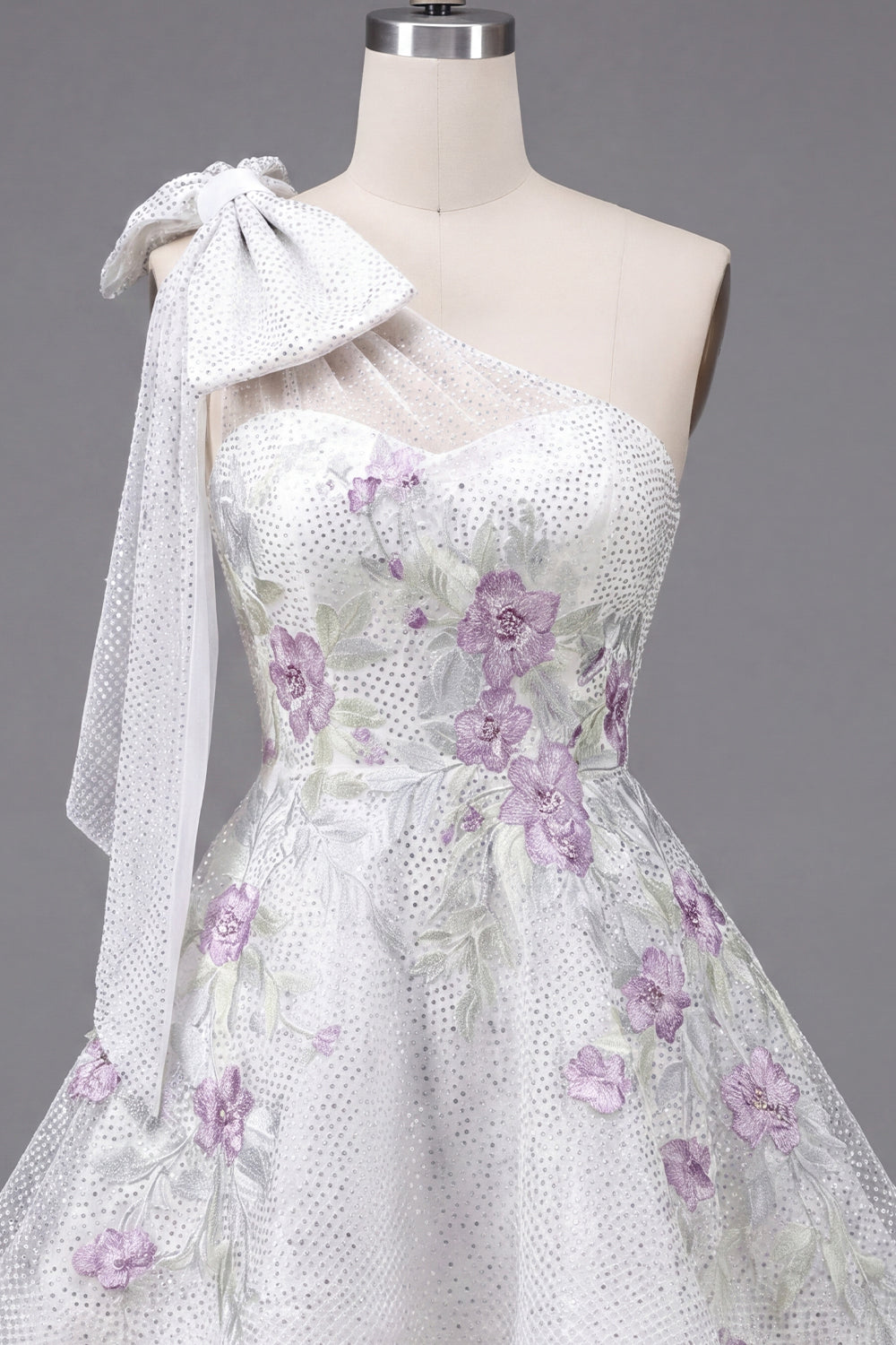 A Line Sparkly White Beaded Short Floral Homecoming Dress with Bow