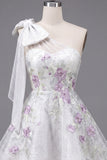 A Line Sparkly White Beaded Short Floral Homecoming Dress with Bow