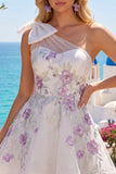A Line Sparkly White Beaded Short Floral Homecoming Dress with Bow