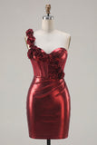 Burgundy Tight Short Corset Ruched Homecoming Dress with 3D Flowers