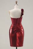 Burgundy Tight Short Corset Ruched Homecoming Dress with 3D Flowers