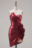 Glitter Burgundy Tight Short Ruched Metallic Homecoming Dress with 3D Flowers