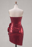 Glitter Burgundy Tight Short Ruched Metallic Homecoming Dress with 3D Flowers