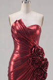 Glitter Burgundy Tight Short Ruched Metallic Homecoming Dress with 3D Flowers