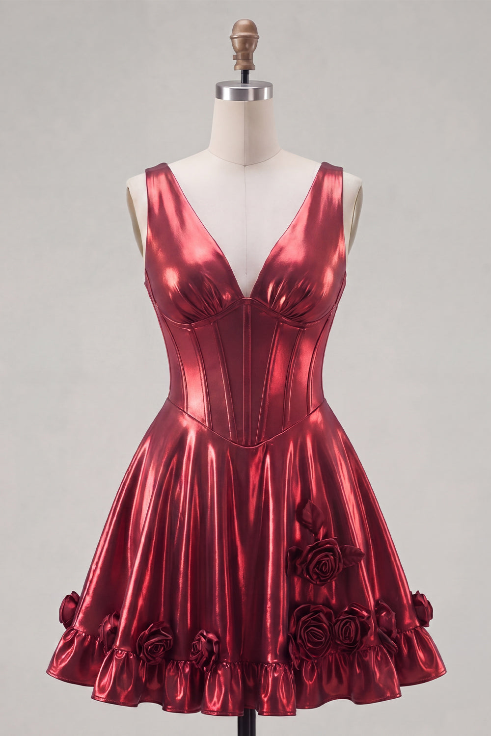 A Line Burgundy Short V-Neck Corset Metallic Homecoming Dress with 3D Flowers