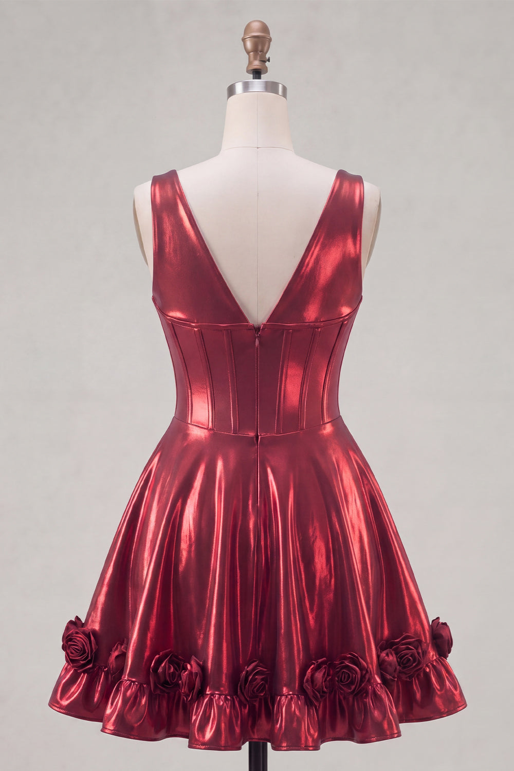 A Line Burgundy Short V-Neck Corset Metallic Homecoming Dress with 3D Flowers