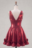 A Line Burgundy Short V-Neck Corset Metallic Homecoming Dress with 3D Flowers