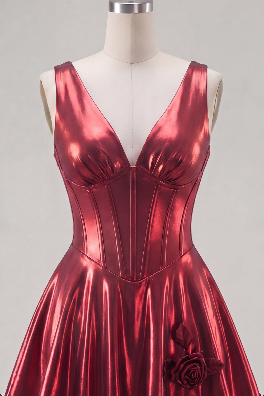 A Line Burgundy Short V-Neck Corset Metallic Homecoming Dress with 3D Flowers